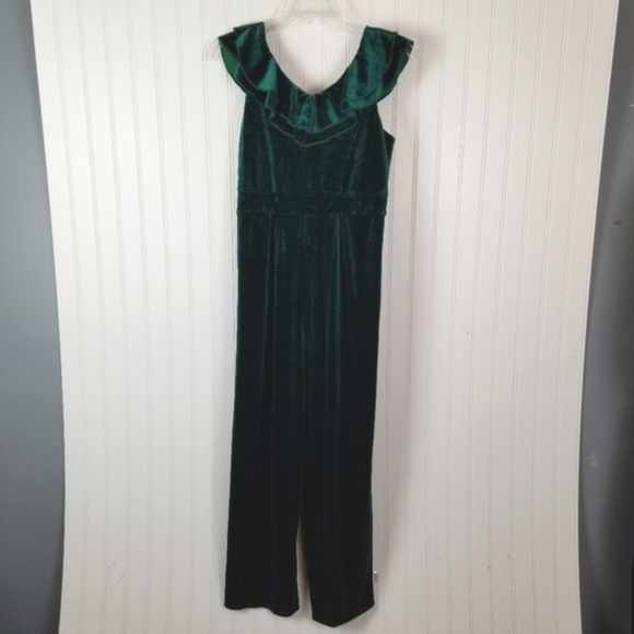 Zunie Girls Size 16 Ruffle Neck Velvet Jumpsuit Hunter Green Stretchy Holiday - Picture 11 of 11
